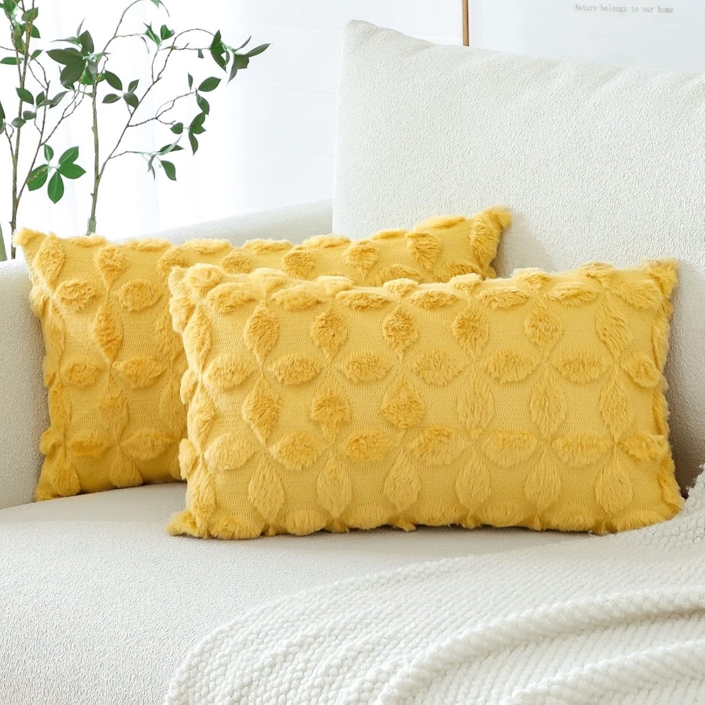 Set of 2 Mustard Yellow Textured Throw Pillow Covers | Boho Farmhouse Decor
